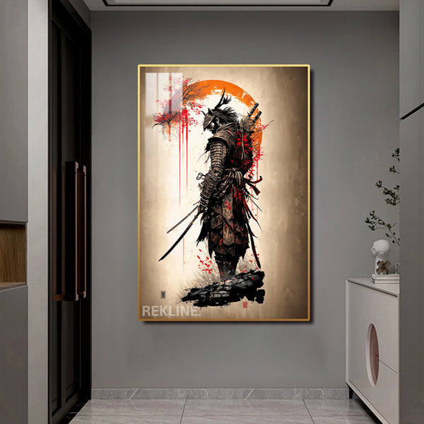 LED-Illuminated Samurai Warrior Canvas | 100×150 cm Crystal-Porcelain Painting, Gold / Black Frame | By REKLINE
