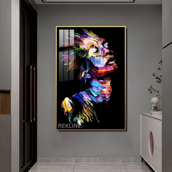 LED-Enhanced Abstract Colorful Woman’s Portrait Canvas | Vertical LED Canvas 100×150 cm | Crystal-Porcelain Painting, Gold / Black Frame | By REKLINE