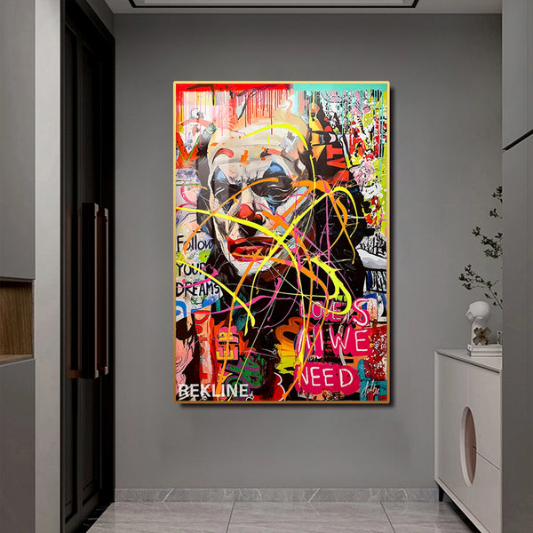 Graffiti Wall Art | Colourful Joker LED Canvas in Gold or Black Frame | 100×150 cm Pop Street Style for Bold Interiors | By REKLINE