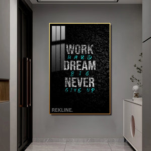 Work Hard Dream Big LED Canvas | 100×150 cm LED-Illuminated Crystal-Porcelain Motivational Painting, Gold/Black Frame | By REKLINE