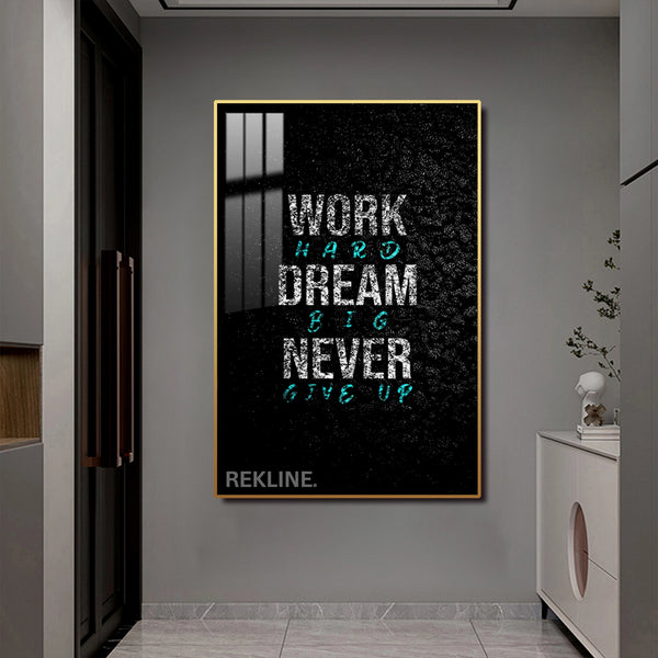 Work Hard Dream Big LED Canvas | 100×150 cm LED-Illuminated Crystal-Porcelain Motivational Painting, Gold/Black Frame | By REKLINE