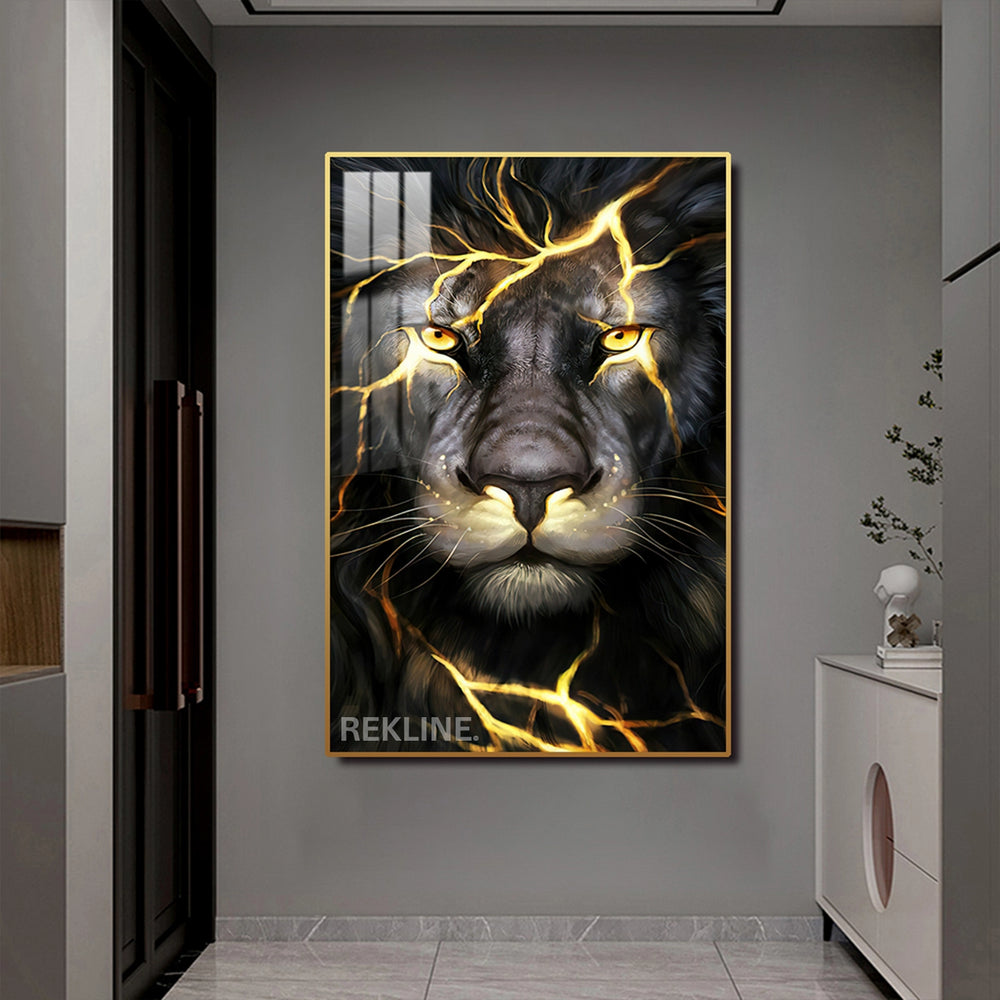 Abstract lion face in amber, magenta, and sapphire brushstrokes on charcoal canvas, glowing with LED backlight