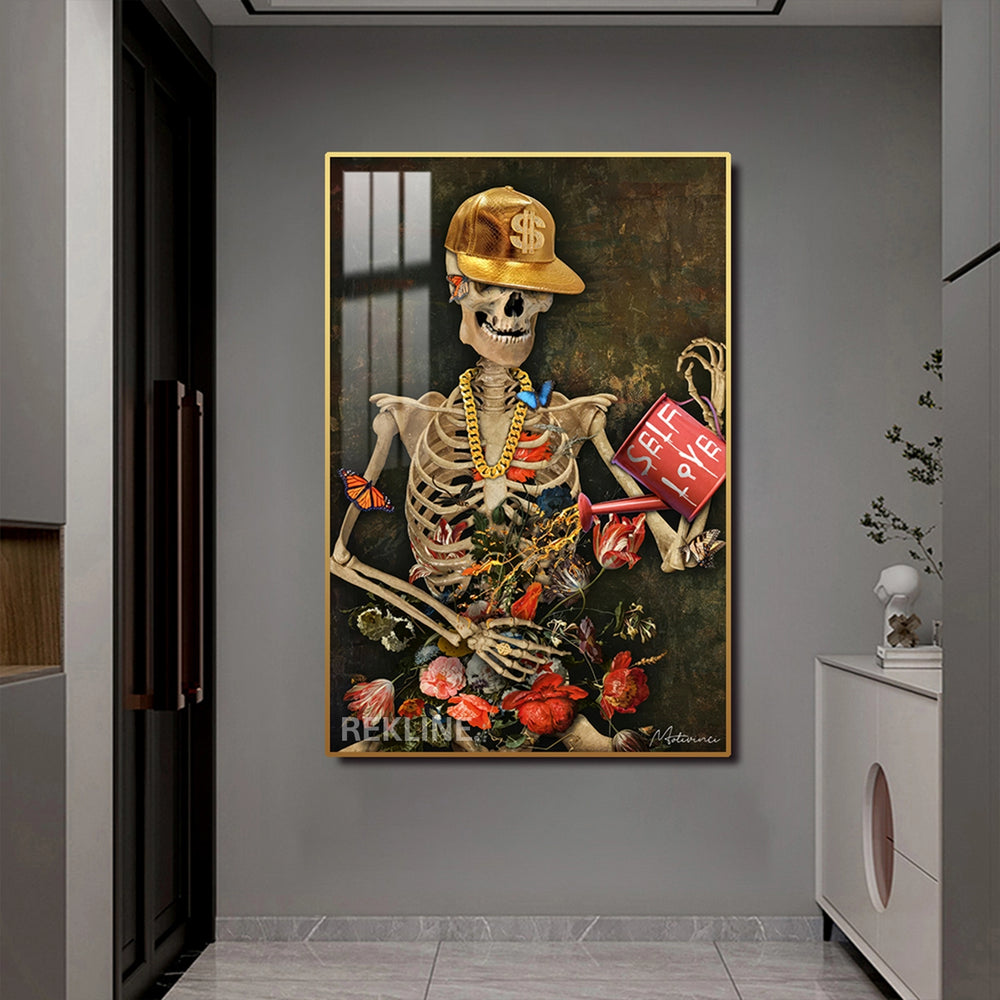 LED Skeleton Canvas Art | Self Love Skeleton Painting | 100×150 cm LED-Illuminated Crystal-Porcelain in Gold Frame | By REKLINE