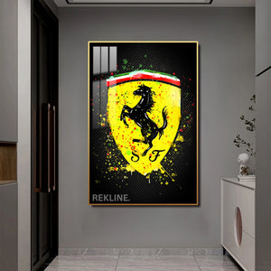 Ferrari Logo LED Canvas | Ferrari Painting | 100×150 cm LED-Illuminated Crystal-Porcelain, Gold/Black Frame | By REKLINE