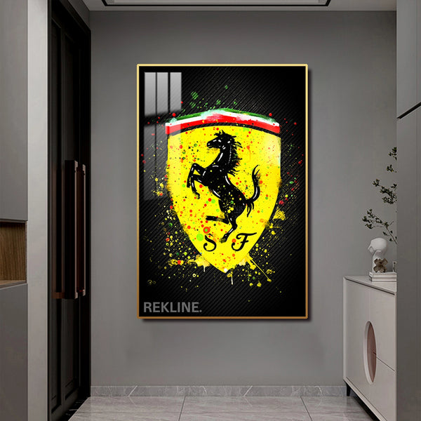 Ferrari Logo LED Canvas | Ferrari Painting | 100×150 cm LED-Illuminated Crystal-Porcelain, Gold/Black Frame | By REKLINE