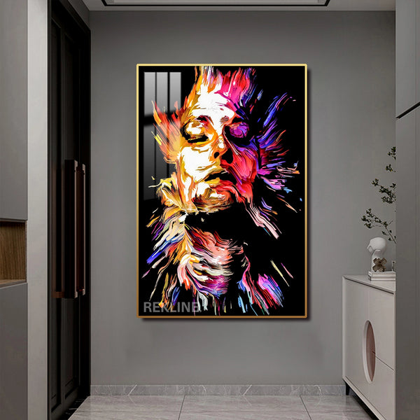 LED-Enhanced Abstract Woman’s Portrait Canvas | Vertical LED Canvas 100×150 cm | Crystal-Porcelain Painting, Gold / Black Frame | By REKLINE