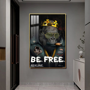 Be Free Gorilla Painting | Vertical LED Canvas 100×150 cm | LED-Illuminated Crystal Porcelain Canvas, Gold/Black Frame | By REKLINE