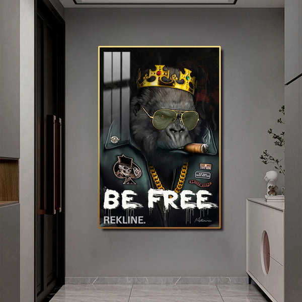Be Free Gorilla Painting | Vertical LED Canvas 100×150 cm | LED-Illuminated Crystal Porcelain Canvas, Gold/Black Frame | By REKLINE