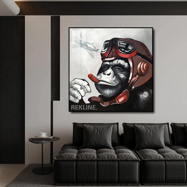 Monkey Canvas Wall Art | LED Pilot Design with Gold or Black Frame | 100×100 cm Retro Pop Decor for Unique Interiors | By REKLINE