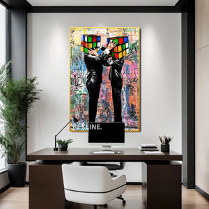 Rubik Cube Heads LED Canvas | 100×150 cm LED-Illuminated Crystal-Porcelain Rubik Cube Painting, Gold/Black Frame | By REKLINE