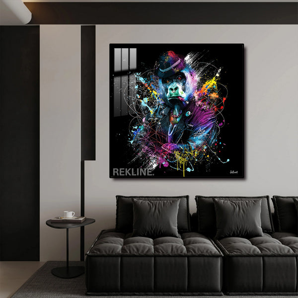 Gorilla Wall Art | LED Canvas in Gold or Black Frame | 100×100 cm Street-Style Print with Bold Colour Splashes | By REKLINE