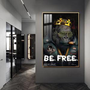 Be Free Gorilla Painting | Vertical LED Canvas 100×150 cm | LED-Illuminated Crystal Porcelain Canvas, Gold/Black Frame | By REKLINE