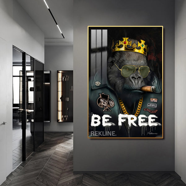 Be Free Gorilla Painting | Vertical LED Canvas 100×150 cm | LED-Illuminated Crystal Porcelain Canvas, Gold/Black Frame | By REKLINE