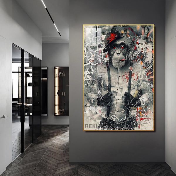 Graffiti Art Prints | LED Monkey Canvas in Gold or Black Frame | 100×150 cm Framed Urban Wall Decor | By REKLINE