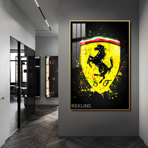 Ferrari Logo LED Canvas | Ferrari Painting | 100×150 cm LED-Illuminated Crystal-Porcelain, Gold/Black Frame | By REKLINE