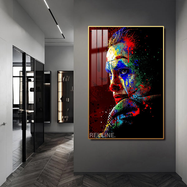 Joker Wall Art | LED Canvas with Splatter Detail & Gold or Black Frame | 100×150 cm Abstract Pop Villain Aesthetic | By REKLINE