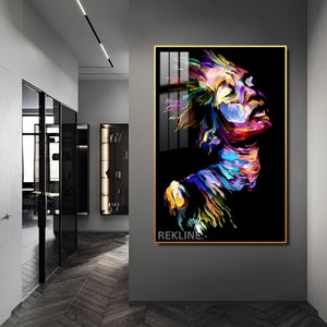 LED-Enhanced Abstract Colorful Woman’s Portrait Canvas | Vertical LED Canvas 100×150 cm | Crystal-Porcelain Painting, Gold / Black Frame | By REKLINE