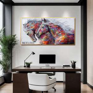Horse Wall Art | 200×100 cm LED Canvas in Gold or Black Frame | Colourful Statement Piece for Large Spaces | By REKLINE