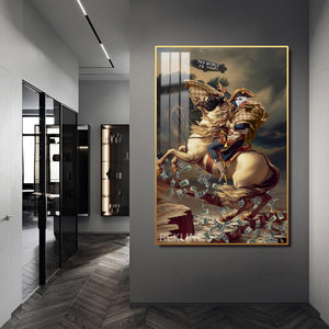 LED Conquest Canvas | “The World Is Yours” Horse & Rider Painting | 100×150 cm LED-Illuminated Crystal-Porcelain, Gold/Black Frame | By REKLINE