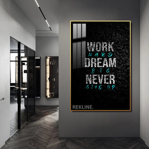Work Hard Dream Big LED Canvas | 100×150 cm LED-Illuminated Crystal-Porcelain Motivational Painting, Gold/Black Frame | By REKLINE