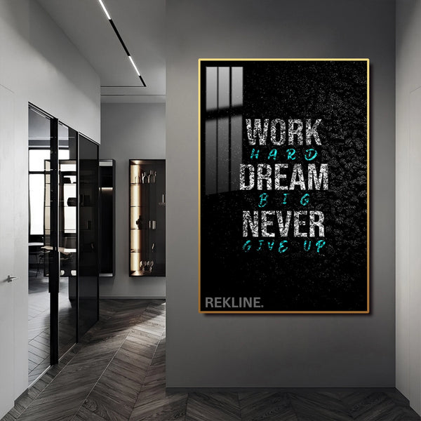 Work Hard Dream Big LED Canvas | 100×150 cm LED-Illuminated Crystal-Porcelain Motivational Painting, Gold/Black Frame | By REKLINE