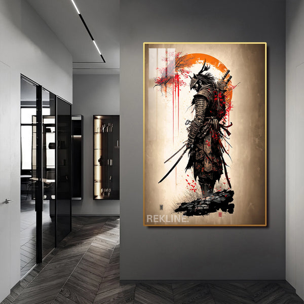 LED-Illuminated Samurai Warrior Canvas | 100×150 cm Crystal-Porcelain Painting, Gold / Black Frame | By REKLINE