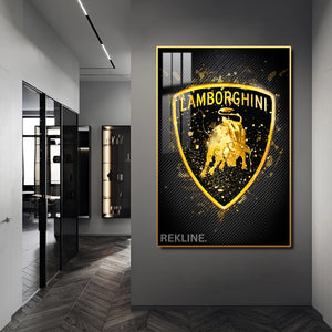 Lamborghini Logo LED Canvas | Lamborghini Painting | 100×150 cm LED-Illuminated Crystal-Porcelain, Gold/Black Frame | By REKLINE