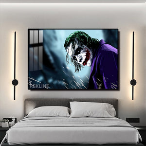 LED-Enhanced Joker Portrait Canvas | Glow in The Dark Horizontal Painting | Horizontal LED Canvas 150×100 cm | Crystal-Porcelain, Gold / Black Frame | By REKLINE