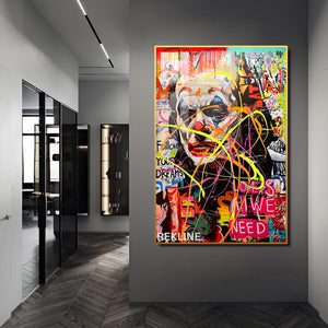 Graffiti Wall Art | Colourful Joker LED Canvas in Gold or Black Frame | 100×150 cm Pop Street Style for Bold Interiors | By REKLINE