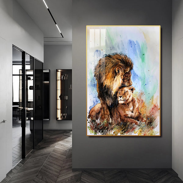 Lion Prints | LED Canvas in Gold Frame | 100×150 cm Elegant Wildlife Wall Art for Nature-Inspired Interiors | By REKLINE