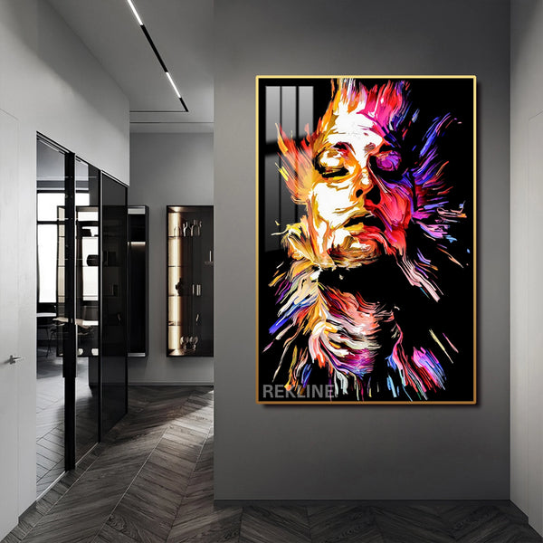 LED-Enhanced Abstract Woman’s Portrait Canvas | Vertical LED Canvas 100×150 cm | Crystal-Porcelain Painting, Gold / Black Frame | By REKLINE