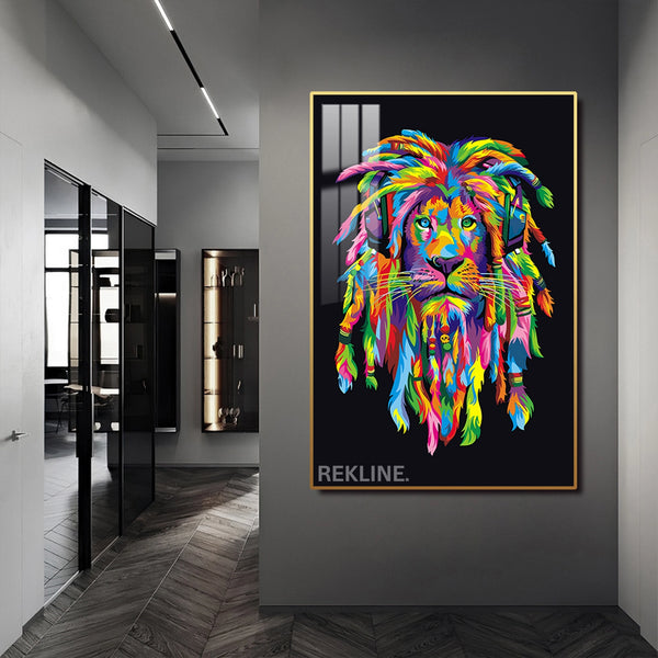 Colourful Lion Canvas | LED Wall Art with Headphones in Gold or Black Frame | 100×150 cm Pop-Inspired Centrepiece | By REKLINE