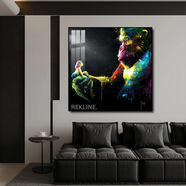 Gorilla Canvas Wall Art | LED Design in Gold or Black Frame | 100×100 cm Emotional Street-Style Piece with Bold Detail | By REKLINE