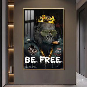 Be Free Gorilla Painting | Vertical LED Canvas 100×150 cm | LED-Illuminated Crystal Porcelain Canvas, Gold/Black Frame | By REKLINE