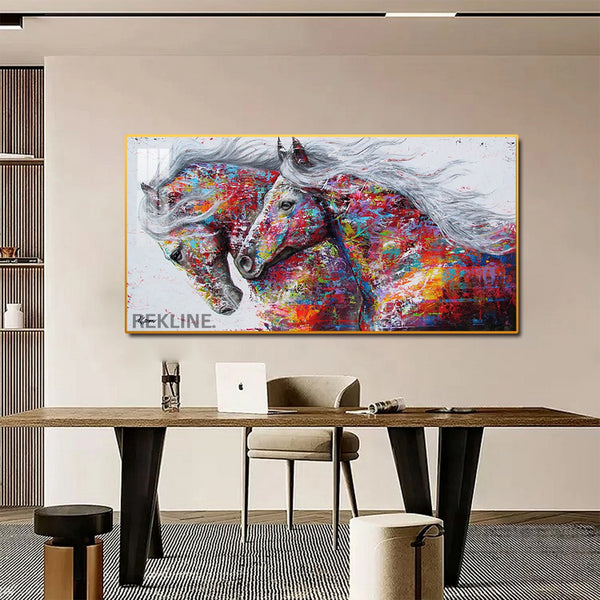 Horse Wall Art | 200×100 cm LED Canvas in Gold or Black Frame | Colourful Statement Piece for Large Spaces | By REKLINE
