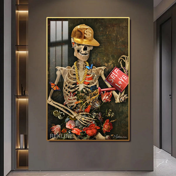 LED Skeleton Canvas Art | Self Love Skeleton Painting | 100×150 cm LED-Illuminated Crystal-Porcelain in Gold Frame | By REKLINE