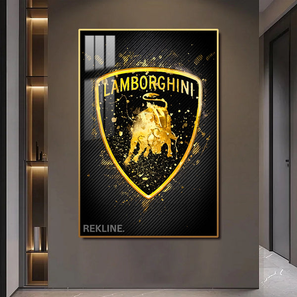 Lamborghini Logo LED Canvas | Lamborghini Painting | 100×150 cm LED-Illuminated Crystal-Porcelain, Gold/Black Frame | By REKLINE