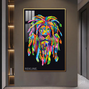 Colourful Lion Canvas | LED Wall Art with Headphones in Gold or Black Frame | 100×150 cm Pop-Inspired Centrepiece | By REKLINE