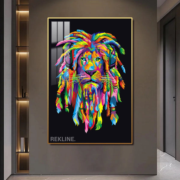 Colourful Lion Canvas | LED Wall Art with Headphones in Gold or Black Frame | 100×150 cm Pop-Inspired Centrepiece | By REKLINE
