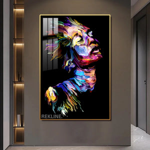 LED-Enhanced Abstract Colorful Woman’s Portrait Canvas | Vertical LED Canvas 100×150 cm | Crystal-Porcelain Painting, Gold / Black Frame | By REKLINE