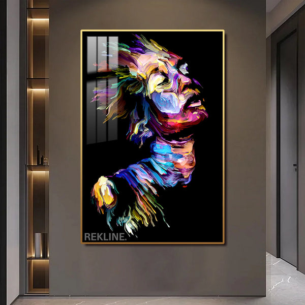 LED-Enhanced Abstract Colorful Woman’s Portrait Canvas | Vertical LED Canvas 100×150 cm | Crystal-Porcelain Painting, Gold / Black Frame | By REKLINE