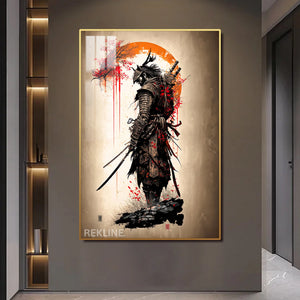 LED-Illuminated Samurai Warrior Canvas | 100×150 cm Crystal-Porcelain Painting, Gold / Black Frame | By REKLINE