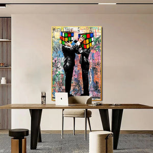 Rubik Cube Heads LED Canvas | 100×150 cm LED-Illuminated Crystal-Porcelain Rubik Cube Painting, Gold/Black Frame | By REKLINE