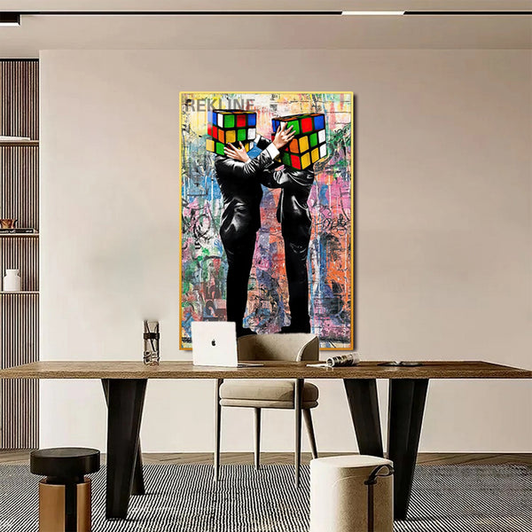 Rubik Cube Heads LED Canvas | 100×150 cm LED-Illuminated Crystal-Porcelain Rubik Cube Painting, Gold/Black Frame | By REKLINE