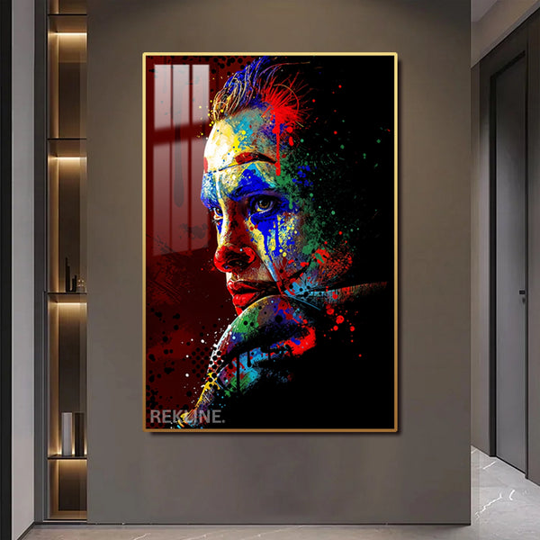 Joker Wall Art | LED Canvas with Splatter Detail & Gold or Black Frame | 100×150 cm Abstract Pop Villain Aesthetic | By REKLINE