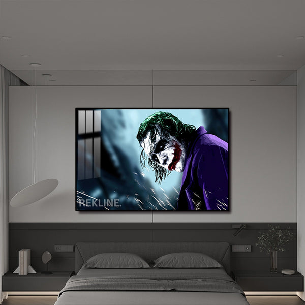 LED-Enhanced Joker Portrait Canvas | Glow in The Dark Horizontal Painting | Horizontal LED Canvas 150×100 cm | Crystal-Porcelain, Gold / Black Frame | By REKLINE