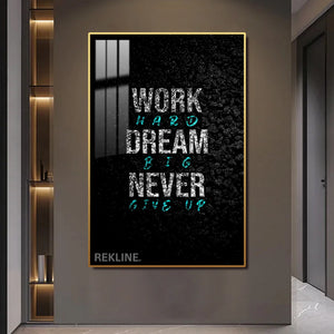 Work Hard Dream Big LED Canvas | 100×150 cm LED-Illuminated Crystal-Porcelain Motivational Painting, Gold/Black Frame | By REKLINE