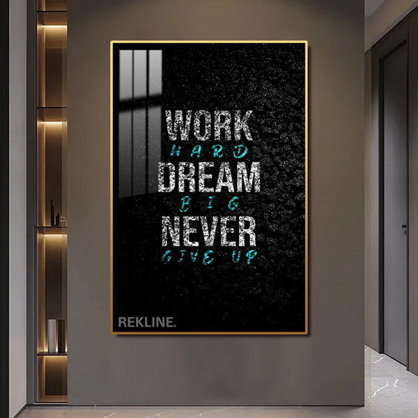 Work Hard Dream Big LED Canvas | 100×150 cm LED-Illuminated Crystal-Porcelain Motivational Painting, Gold/Black Frame | By REKLINE
