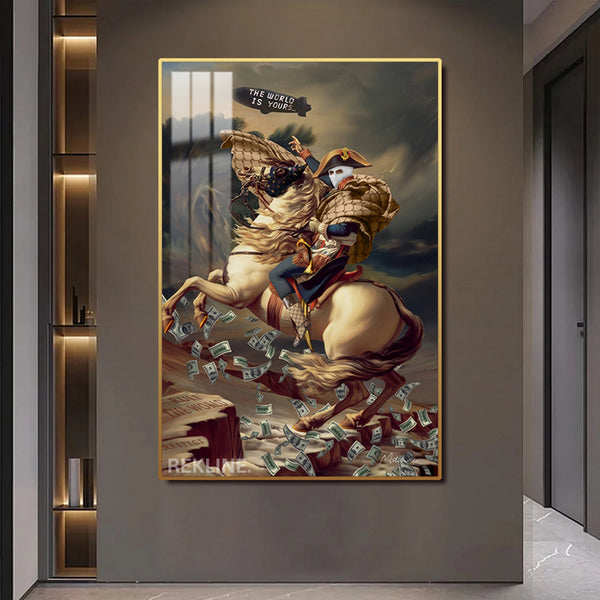 LED Conquest Canvas | “The World Is Yours” Horse & Rider Painting | 100×150 cm LED-Illuminated Crystal-Porcelain, Gold/Black Frame | By REKLINE