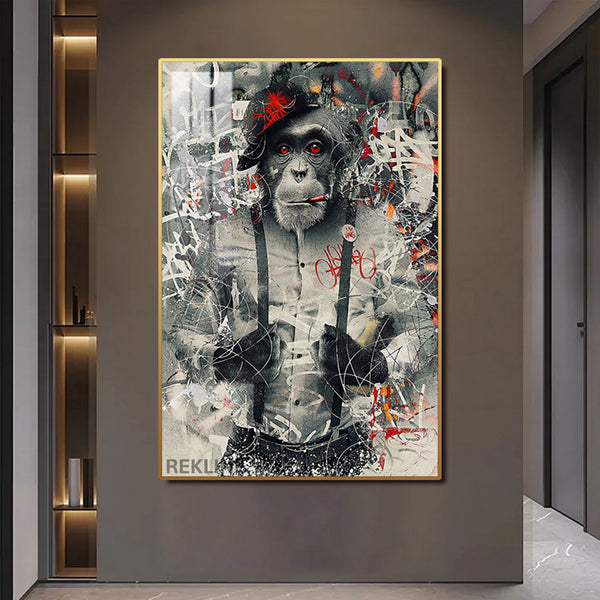 Graffiti Art Prints | LED Monkey Canvas in Gold or Black Frame | 100×150 cm Framed Urban Wall Decor | By REKLINE